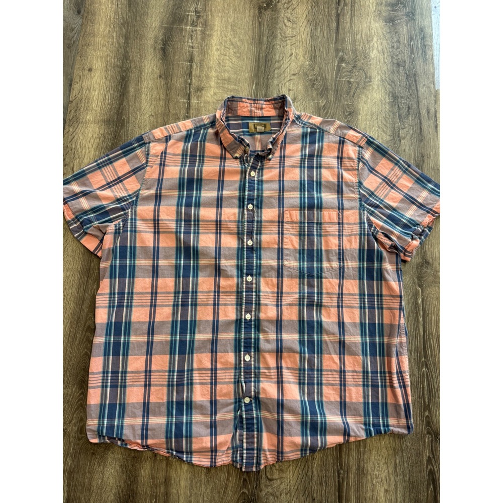 The Foundry Supply Co Mens 3XL Peach Blue Plaid Short Sleeve Button Down Shirt